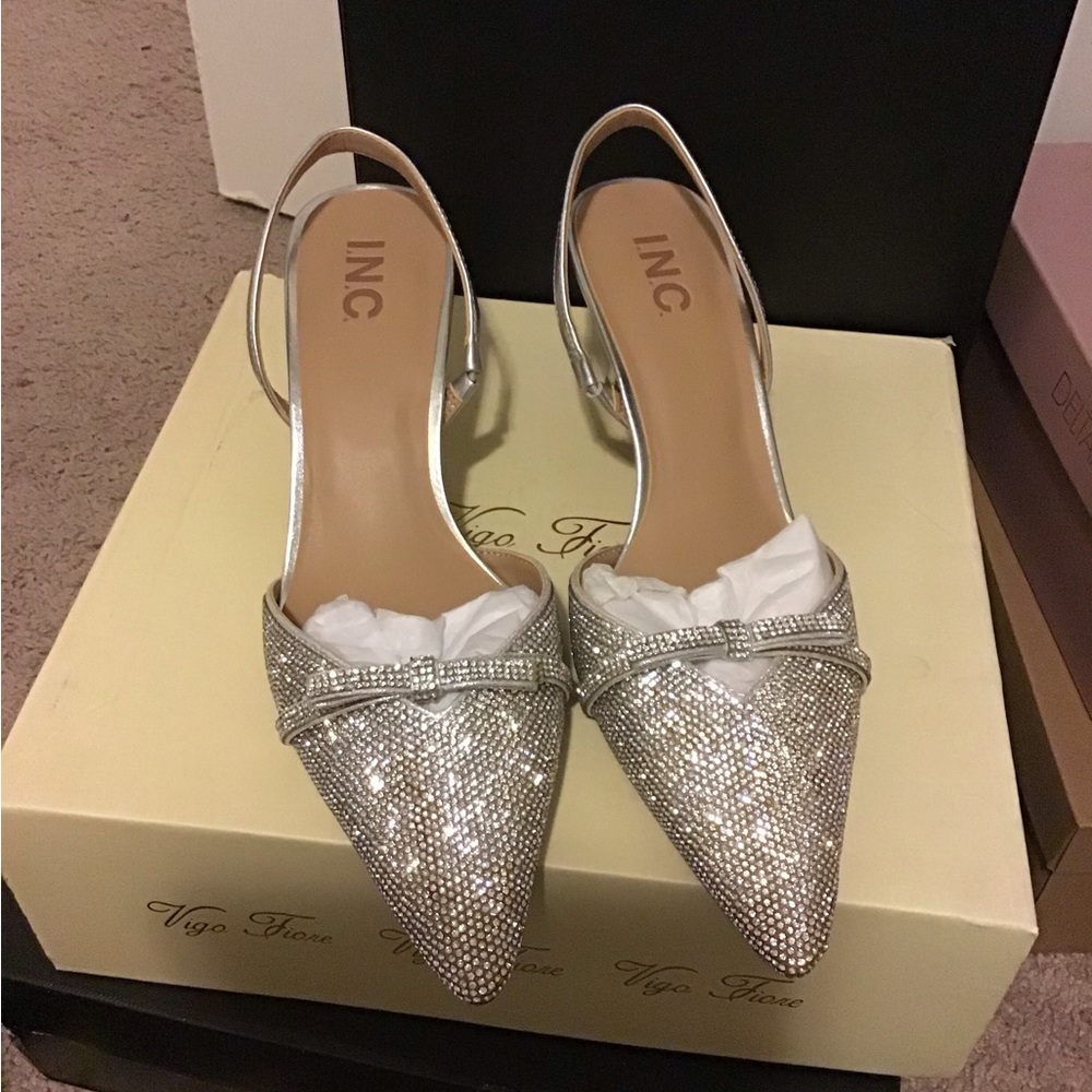 INC International Concepts Glittering Silver Slingback Heels